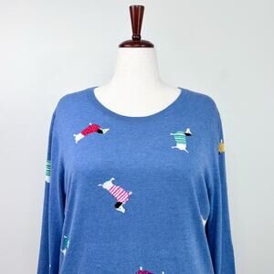 Talbots Dachshund Weenie Dog Blue Cotton Blend Lightweight Knit Sweater XL